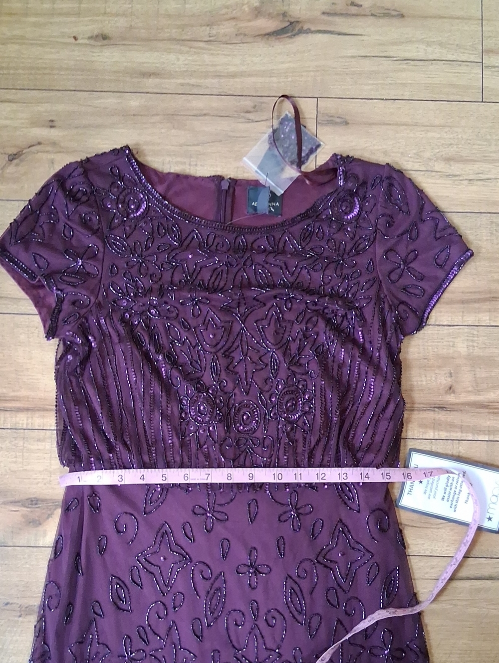 New Adrianna Papell Evening Beaded Dress Plum Floor-Length Short Sleeves Small - Picture 14 of 16